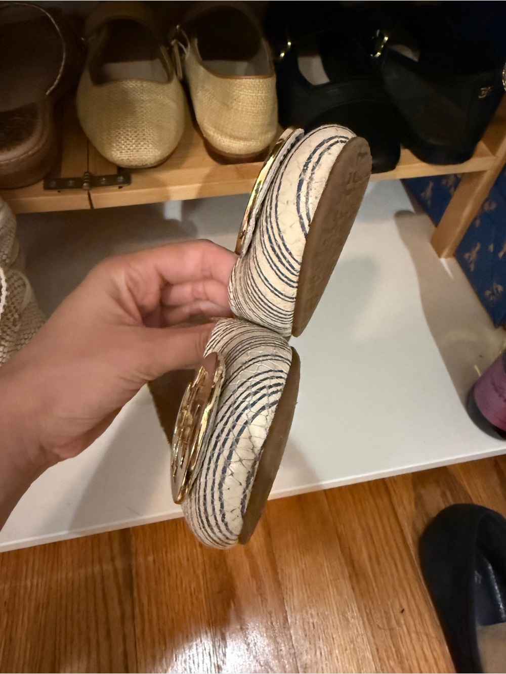 Tory Burch Cream and Navy Striped Logo Ballet Flats - Picture 4 of 4